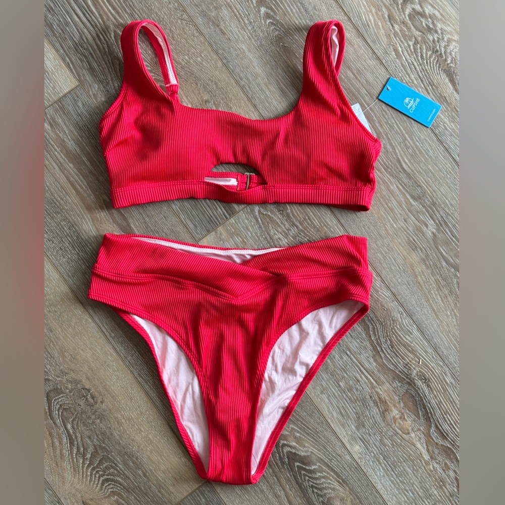 NWT Cupshe Vibrant Red Ribbed Bikini Size L